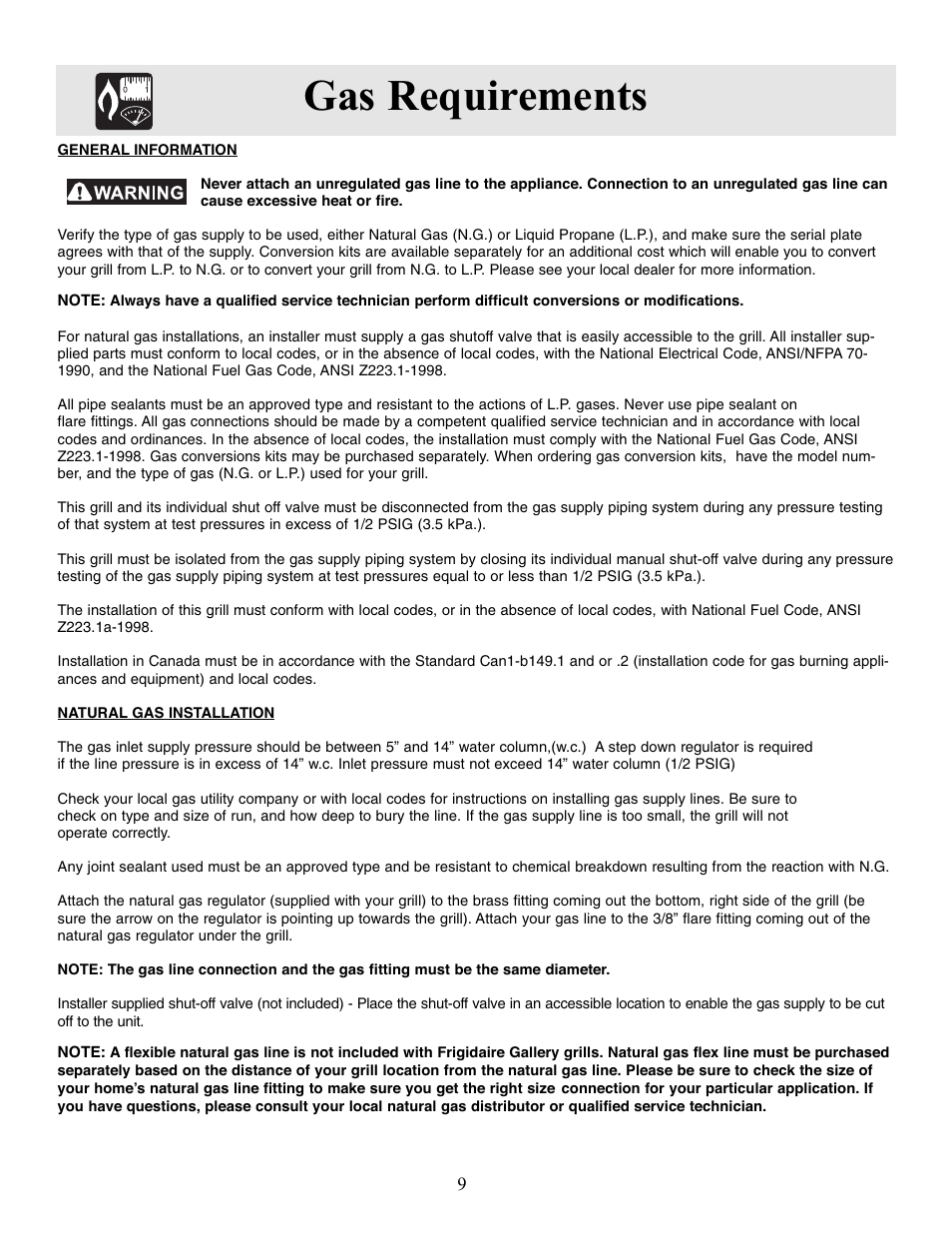 Gas requirements | FRIGIDAIRE Outdoor Kitchen Grill User Manual | Page 9 / 19