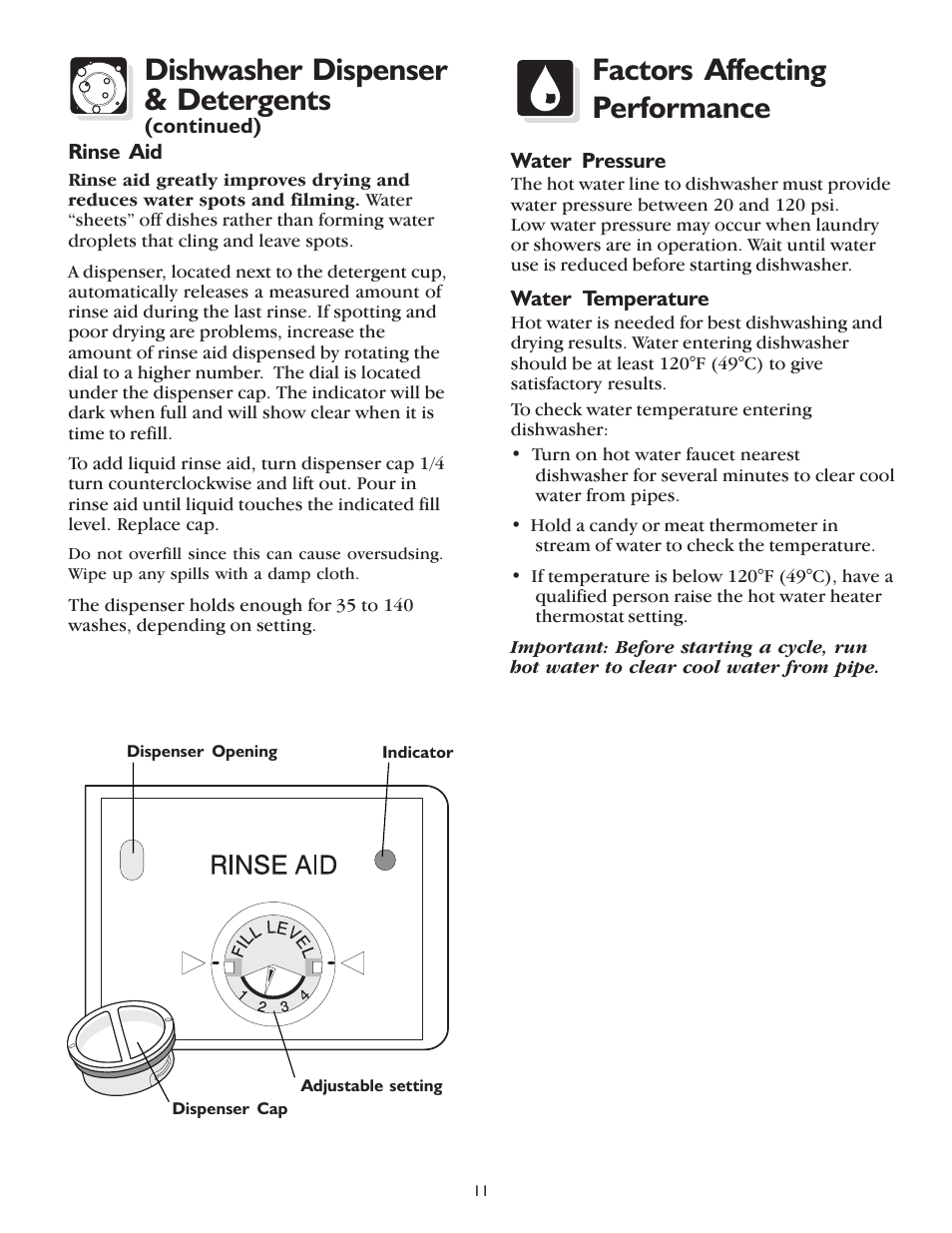 Dishwasher dispenser & detergents, Factors affecting performance | FRIGIDAIRE 400 User Manual | Page 11 / 20