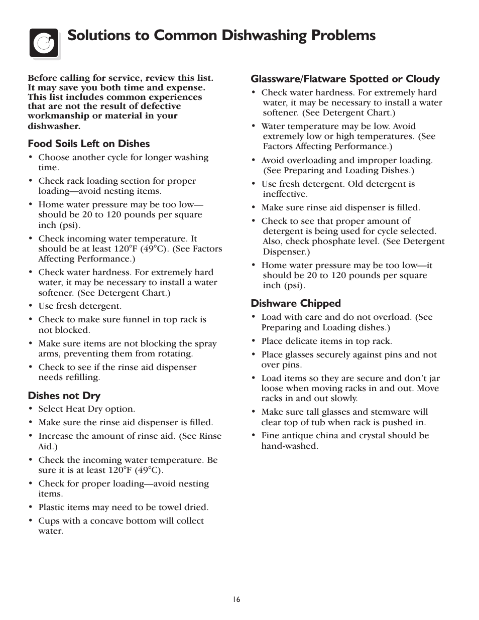 Solutions to common dishwashing problems | FRIGIDAIRE 400 User Manual | Page 16 / 20