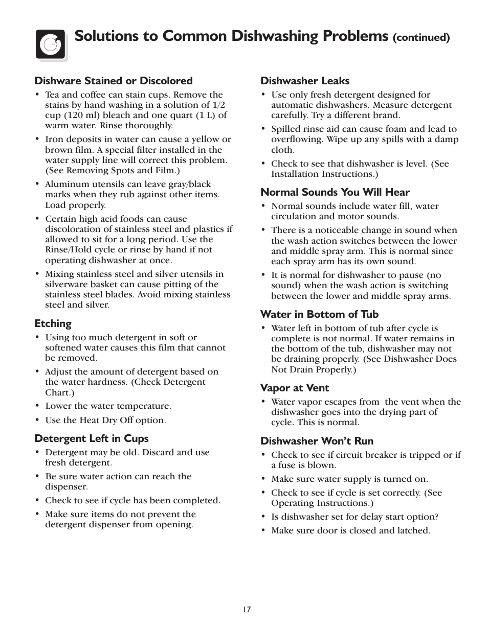 Solutions to common dishwashing problems | FRIGIDAIRE 400 User Manual | Page 17 / 20