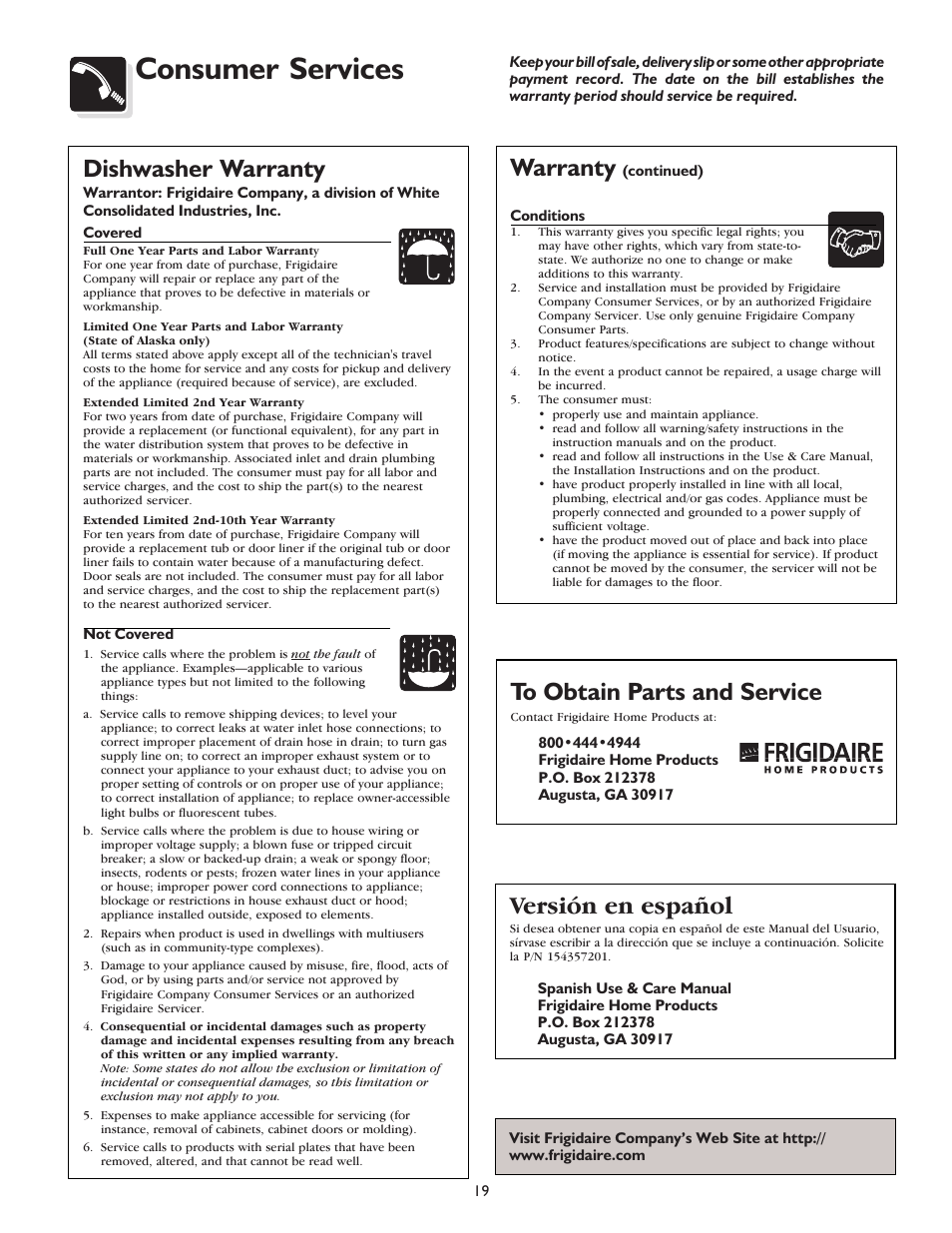 Consumer services, Dishwasher warranty, Versión en español | Warranty | FRIGIDAIRE 400 User Manual | Page 19 / 20