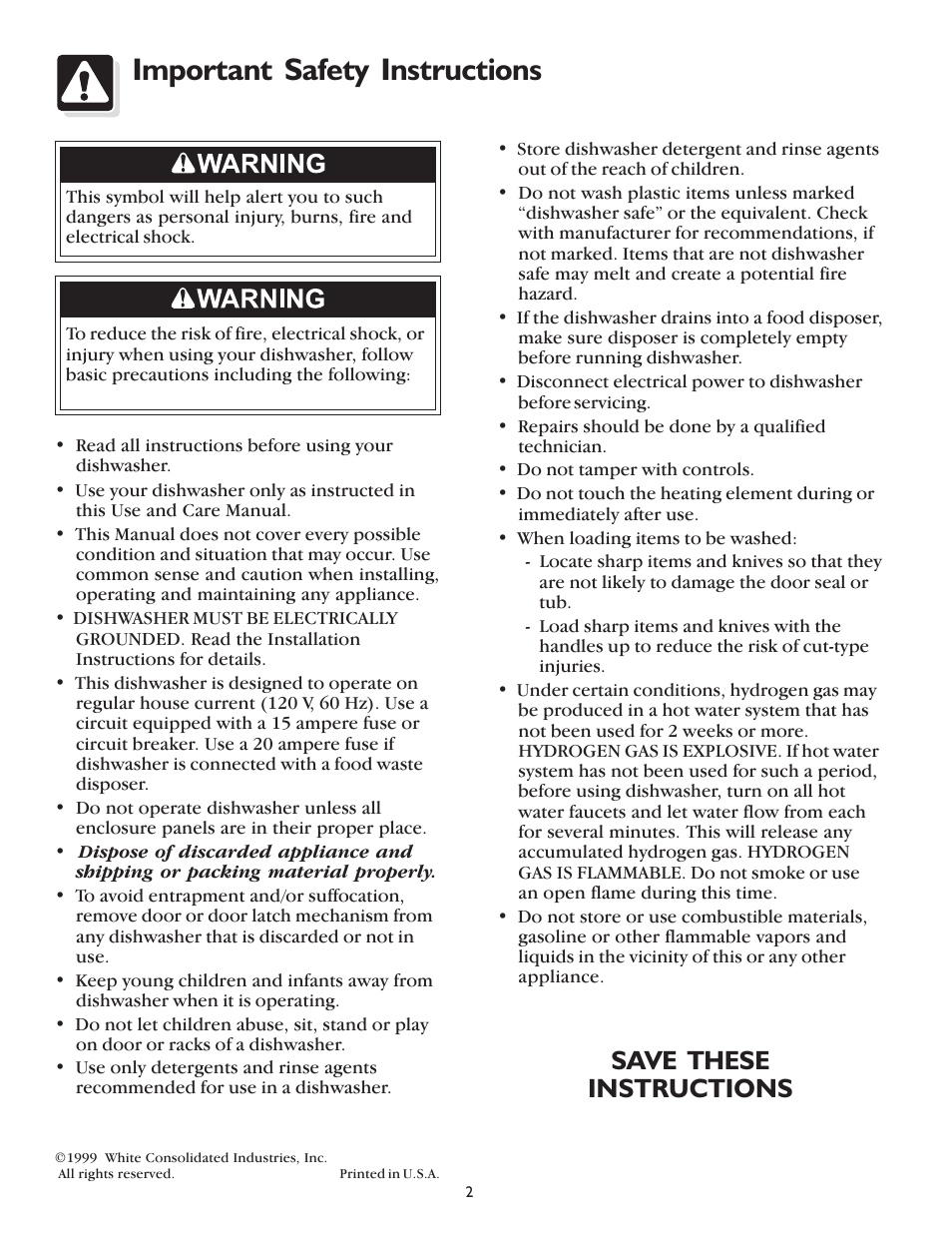 Important safety instructions, Save these instructions | FRIGIDAIRE 400 User Manual | Page 2 / 20