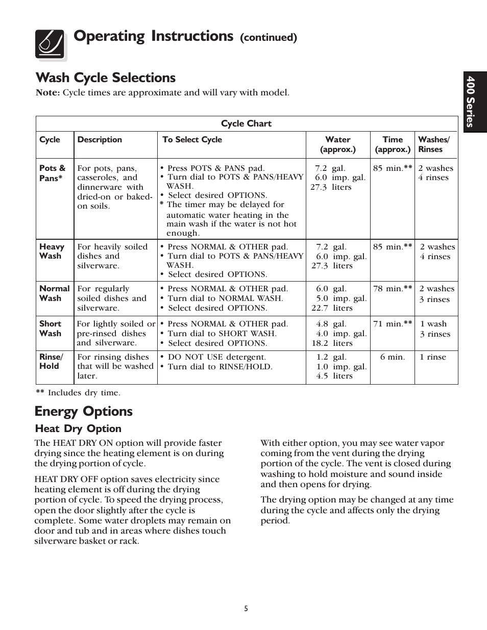 Operating instructions, Energy options, Wash cycle selections | Continued), Heat dry option, 400 series | FRIGIDAIRE 400 User Manual | Page 5 / 20