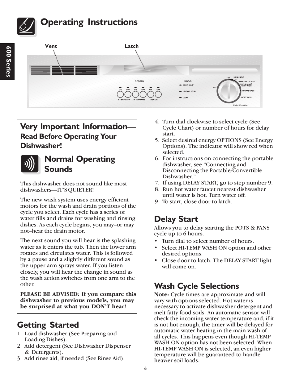 Operating instructions, Very important information, Normal operating sounds | Delay start, Getting started, Wash cycle selections, Read before operating your dishwasher | FRIGIDAIRE 400 User Manual | Page 6 / 20