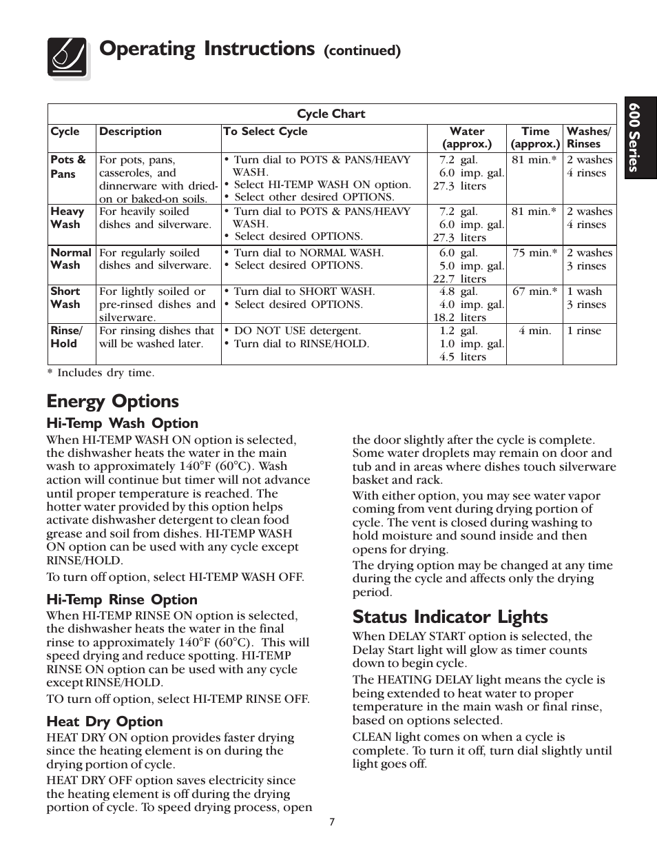 Operating instructions, Status indicator lights, Energy options | FRIGIDAIRE 400 User Manual | Page 7 / 20