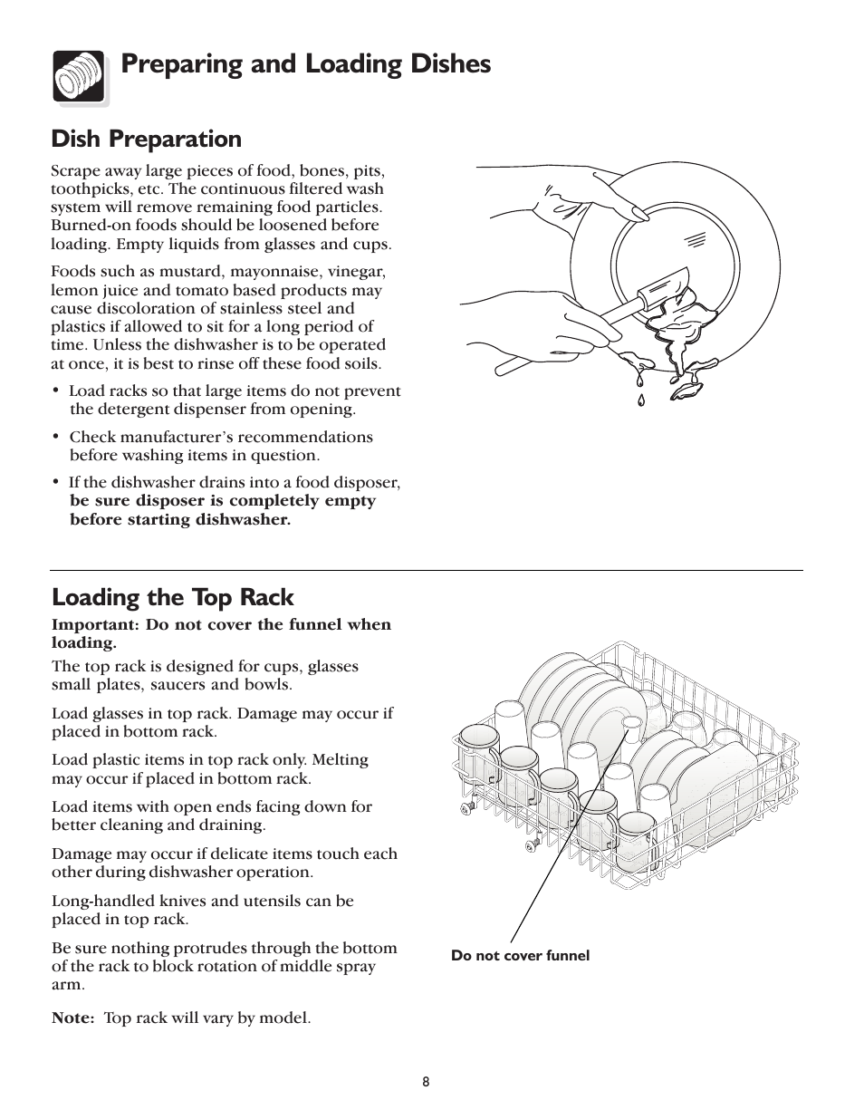 Preparing and loading dishes, Dish preparation, Loading the top rack | FRIGIDAIRE 400 User Manual | Page 8 / 20