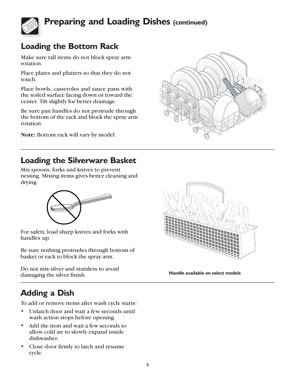 Preparing and loading dishes, Loading the silverware basket, Adding a dish | Loading the bottom rack | FRIGIDAIRE 400 User Manual | Page 9 / 20