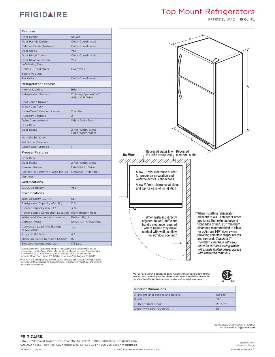 Top mount refrigerators frigidaire baseline, Top mount refrigerators | FRIGIDAIRE FFTR1513L W/Q User Manual | Page 2 / 2