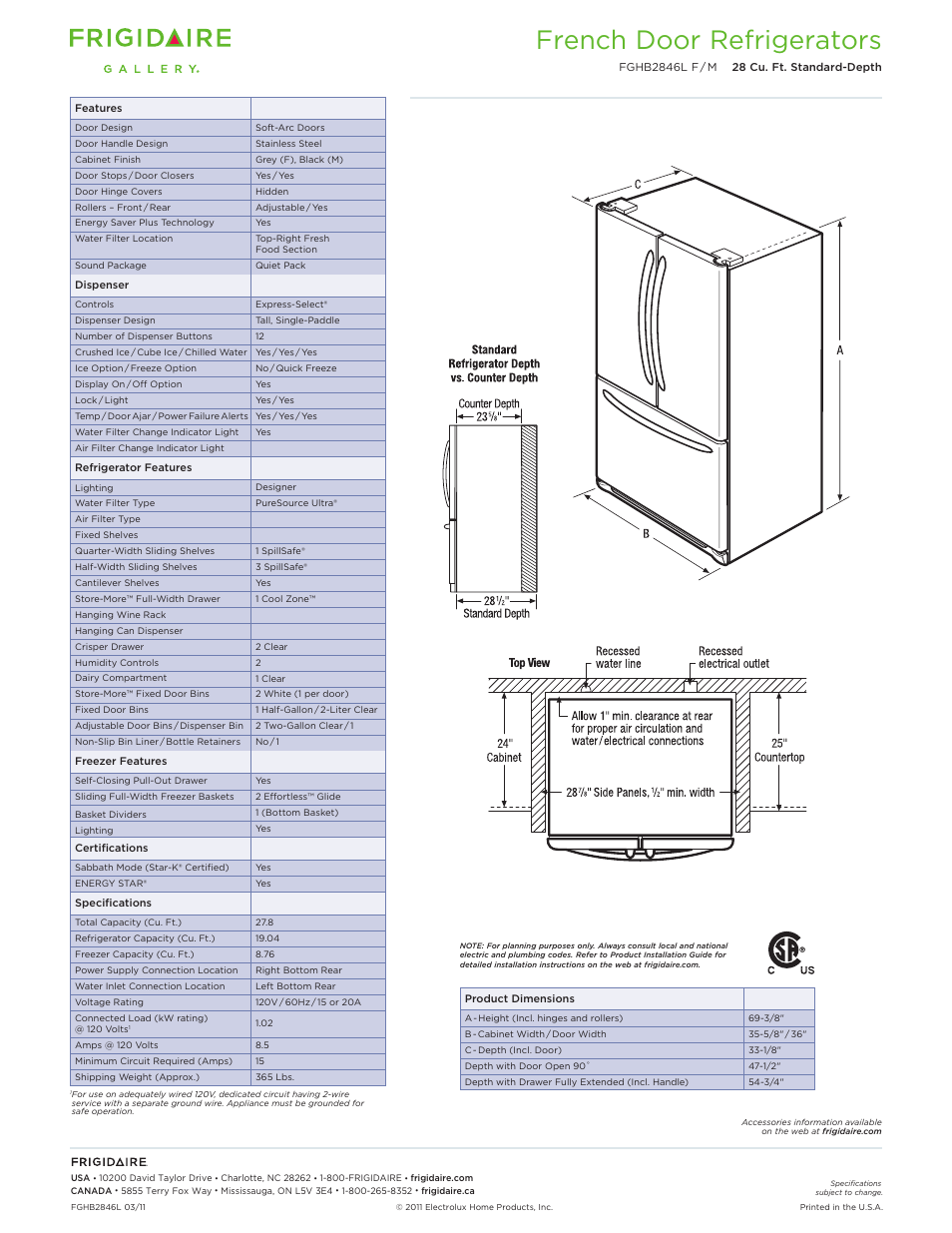 French door refrigerators | FRIGIDAIRE FGHB2846L F/M User Manual | Page 2 / 3