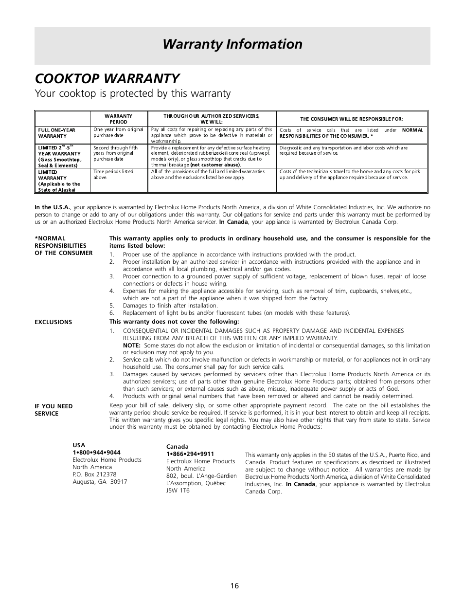 Warranty information cooktop warranty, Your cooktop is protected by this warranty | FRIGIDAIRE 318200563 User Manual | Page 16 / 17