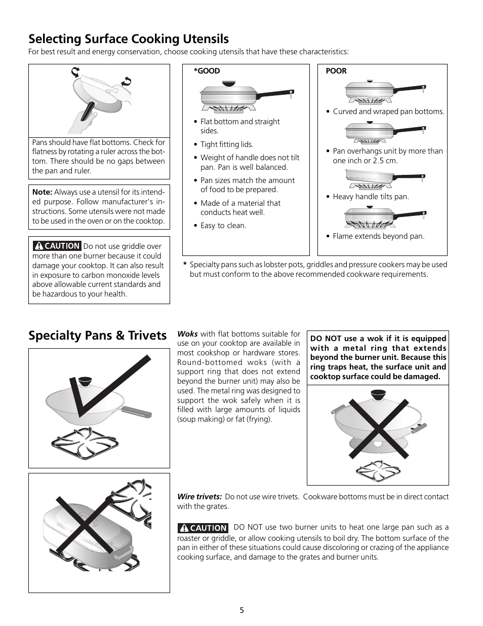 Selecting surface cooking utensils, Specialty pans & trivets | FRIGIDAIRE 318200563 User Manual | Page 5 / 17