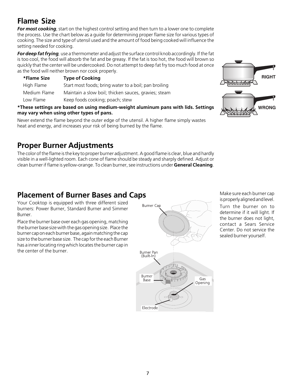 Flame size, Proper burner adjustments, Placement of burner bases and caps | FRIGIDAIRE 318200563 User Manual | Page 7 / 17