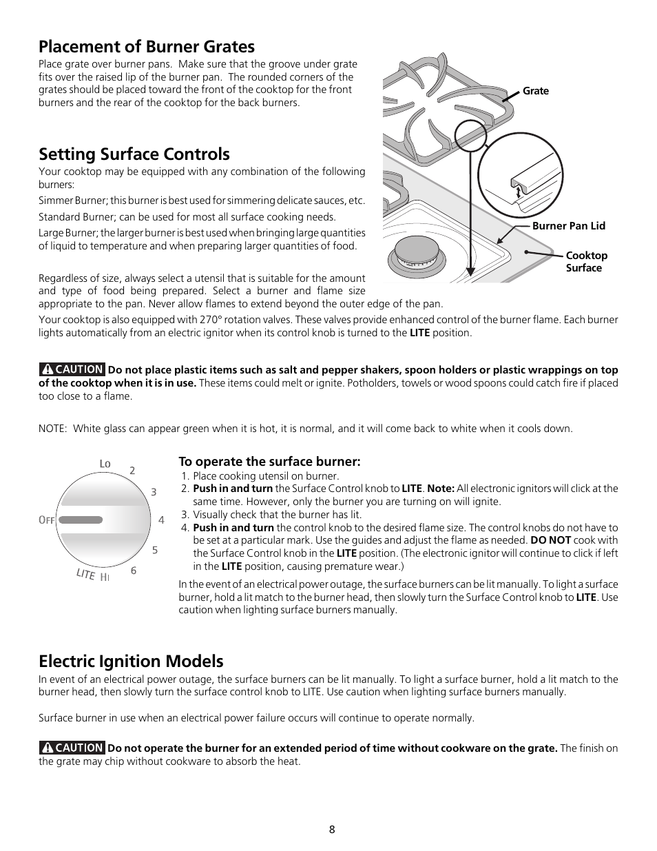 Placement of burner grates, Setting surface controls, Electric ignition models | FRIGIDAIRE 318200563 User Manual | Page 8 / 17