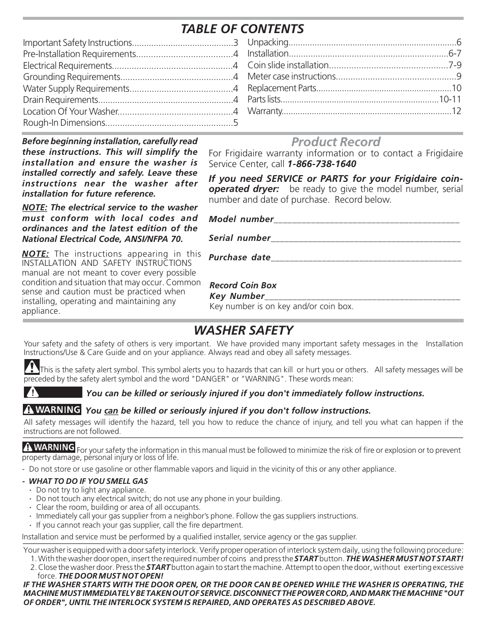 FRIGIDAIRE Coin- Operated Commercial Tumble Action Washer User Manual | Page 2 / 12