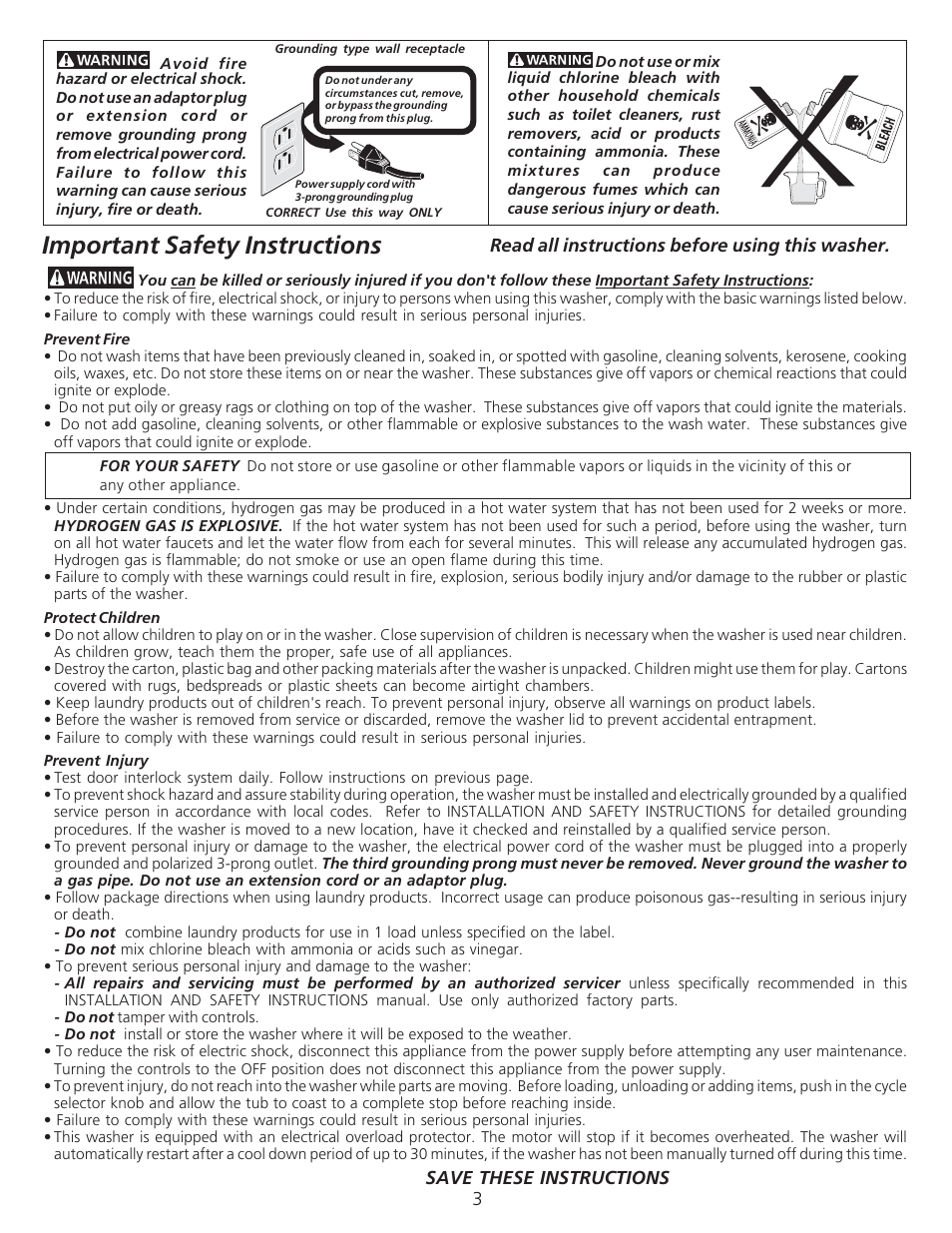 Important safety instructions, Read all instructions before using this washer, Save these instructions 3 | FRIGIDAIRE Coin- Operated Commercial Tumble Action Washer User Manual | Page 3 / 12