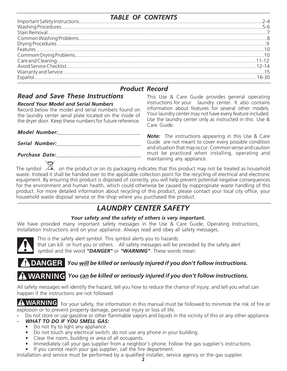 Danger, Laundry center safety | FRIGIDAIRE 137232600A User Manual | Page 2 / 15