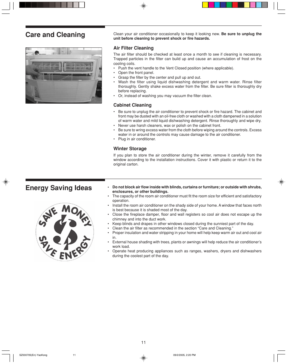 Care and cleaning energy saving ideas | FRIGIDAIRE 220201d052 User Manual | Page 11 / 12