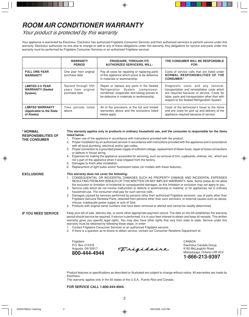 Room air conditioner warranty, Your product is protected by this warranty | FRIGIDAIRE 220201d052 User Manual | Page 2 / 12