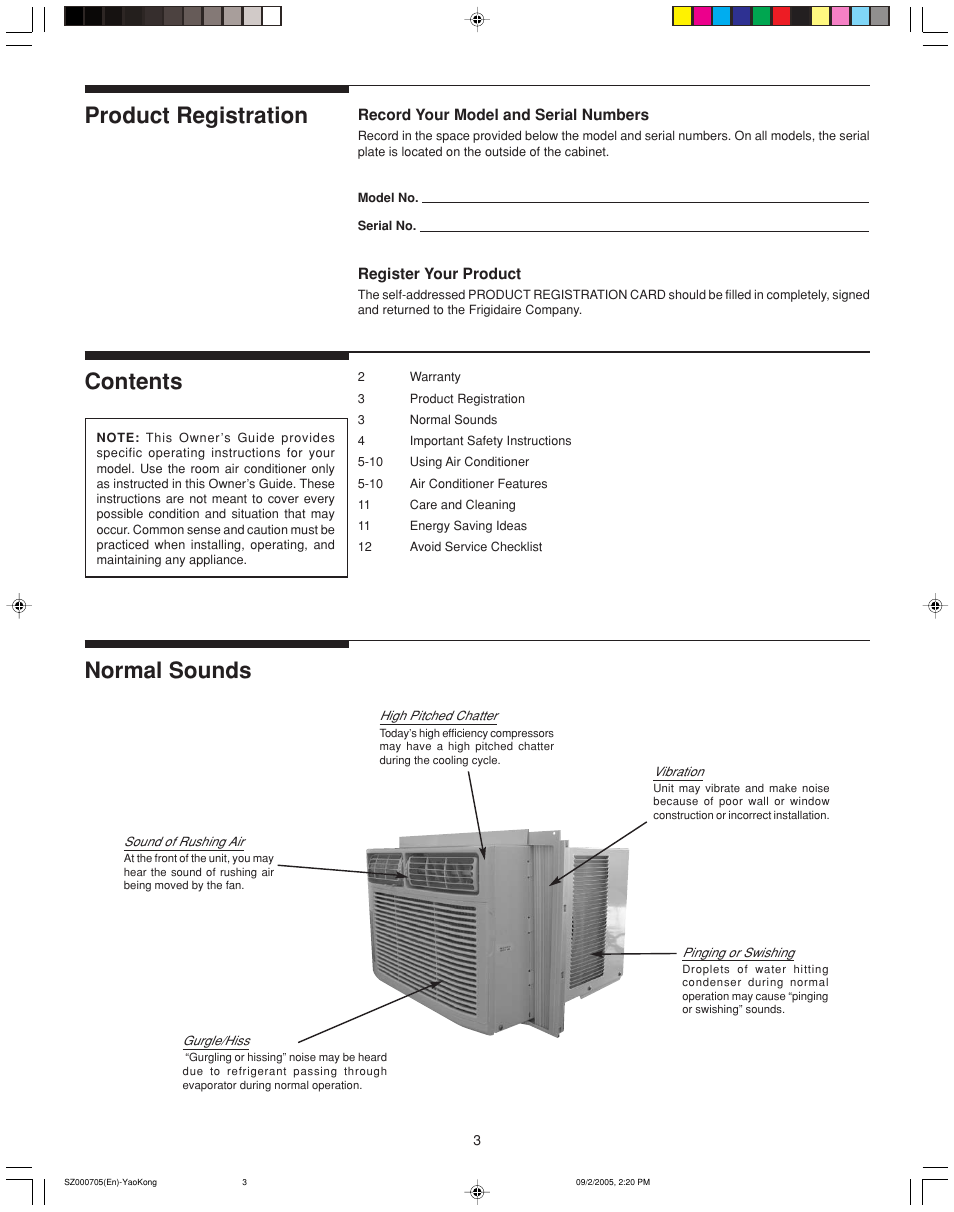 Product registration contents normal sounds | FRIGIDAIRE 220201d052 User Manual | Page 3 / 12