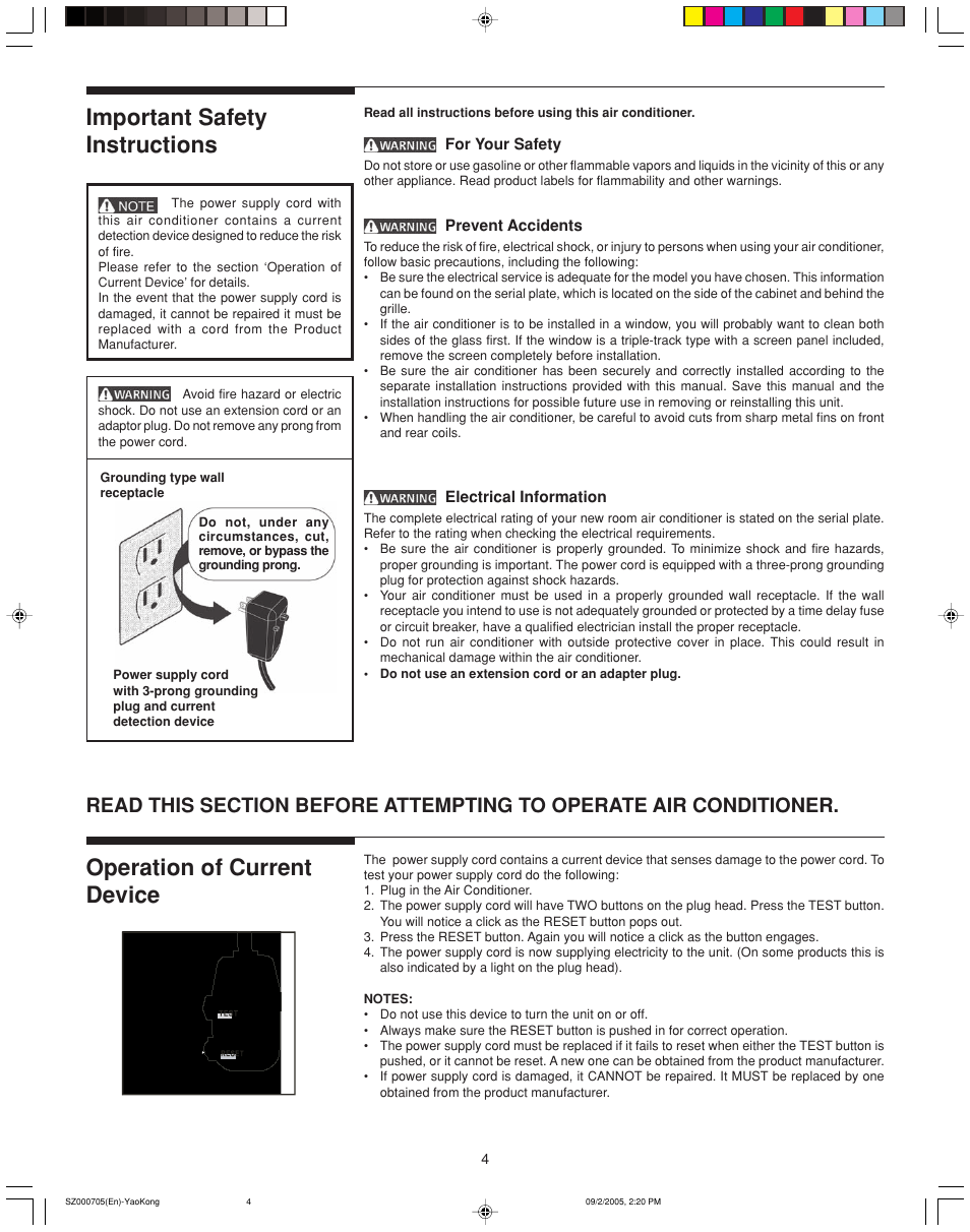 Important safety instructions, Operation of current device | FRIGIDAIRE 220201d052 User Manual | Page 4 / 12