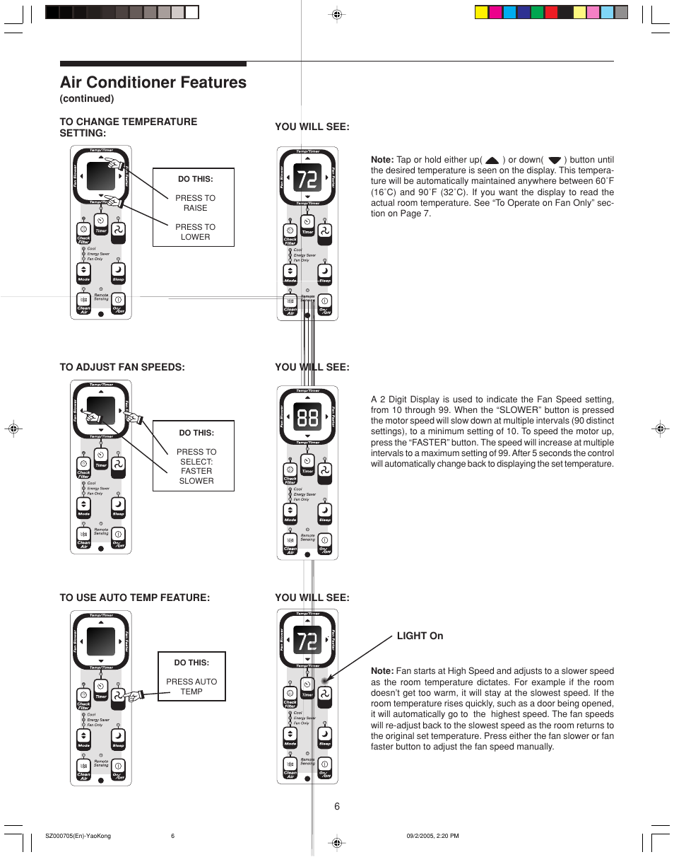 Air conditioner features, Light on | FRIGIDAIRE 220201d052 User Manual | Page 6 / 12