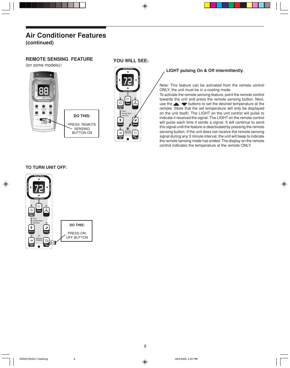 Air conditioner features, Continued), Remote sensing feature | You will see | FRIGIDAIRE 220201d052 User Manual | Page 9 / 12