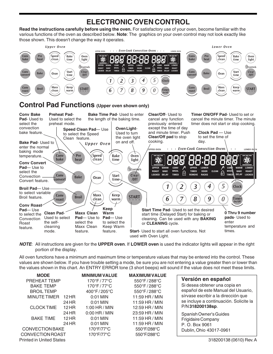 FRIGIDAIRE 318200138 (0610) User Manual | 20 pages