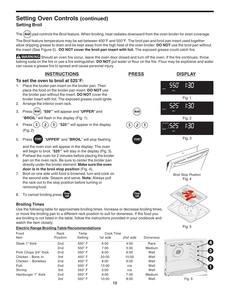 Setting oven controls, Continued), Instructions press display | Setting broil, Broiling times, Fig. 1 fig. 2 fig. 3, Fig. 5, Fig. 4 | FRIGIDAIRE 318200138 (0610) User Manual | Page 13 / 20