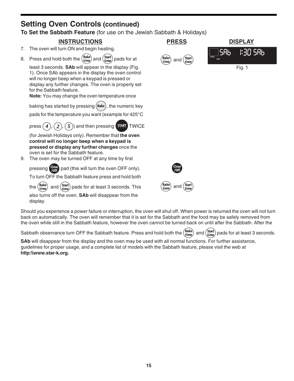 Setting oven controls, Continued), And then pressing | Fig. 1 | FRIGIDAIRE 318200138 (0610) User Manual | Page 15 / 20