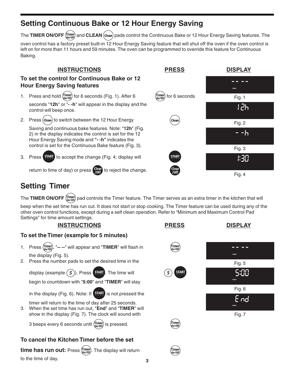 Setting timer, Setting continuous bake or 12 hour energy saving, Instructions press display | The timer on/off, For 6 seconds, Press, Is pressed, The display will return to the time of day, And clean, Press and hold | FRIGIDAIRE 318200138 (0610) User Manual | Page 3 / 20