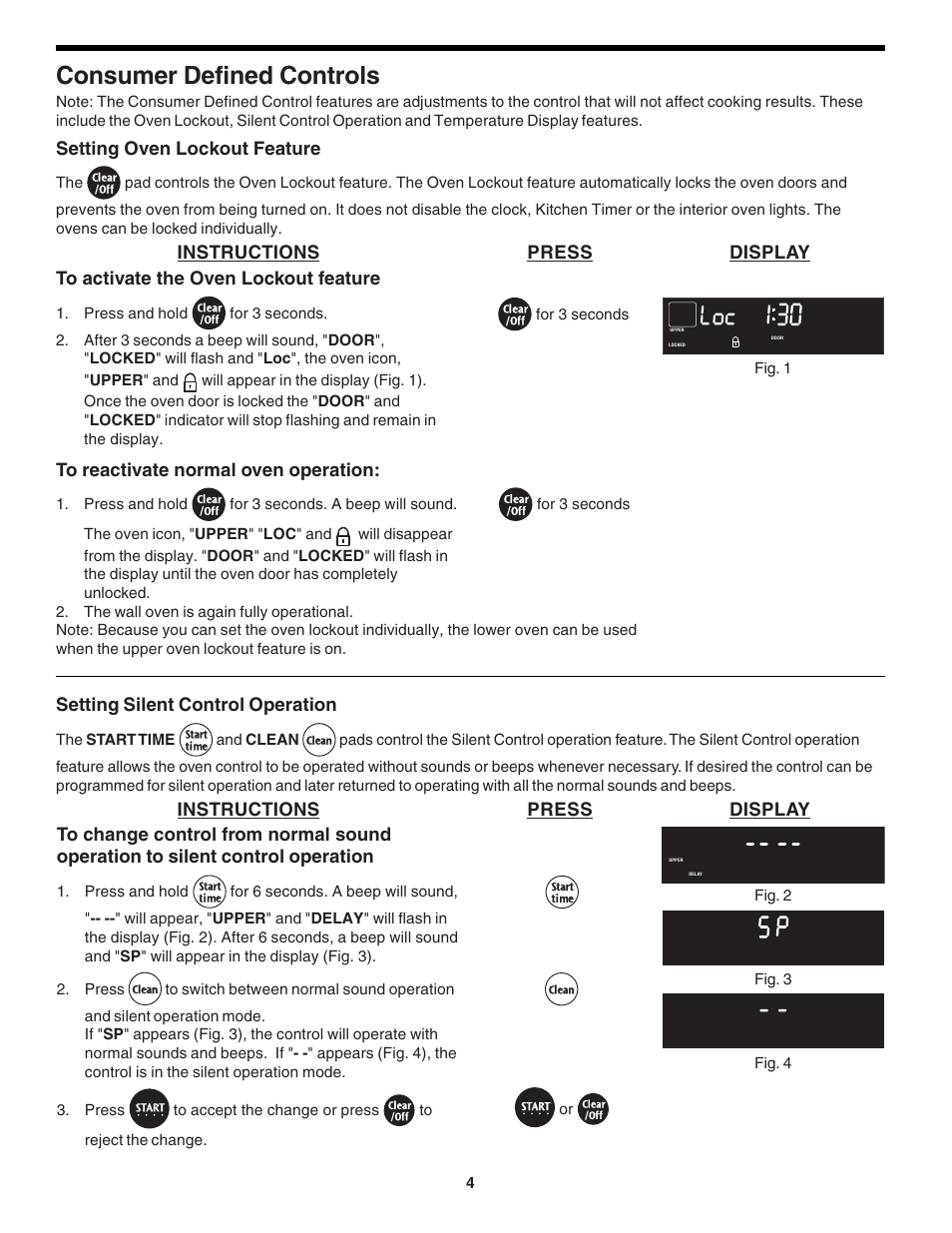 Consumer defined controls, Setting oven lockout feature, Setting silent control operation | Instructions press display, For 3 seconds fig. 1, Press and hold, The start time, And clean, For 3 seconds | FRIGIDAIRE 318200138 (0610) User Manual | Page 4 / 20