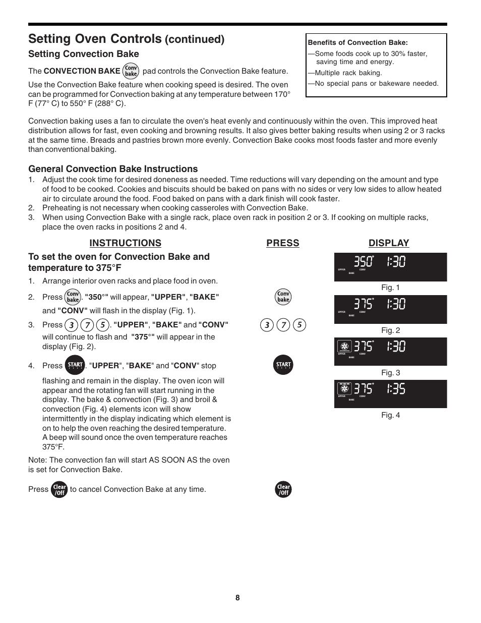 Setting oven controls, Continued), Instructions press display | Setting convection bake, General convection bake instructions, The convection bake, Fig. 4 | FRIGIDAIRE 318200138 (0610) User Manual | Page 8 / 20