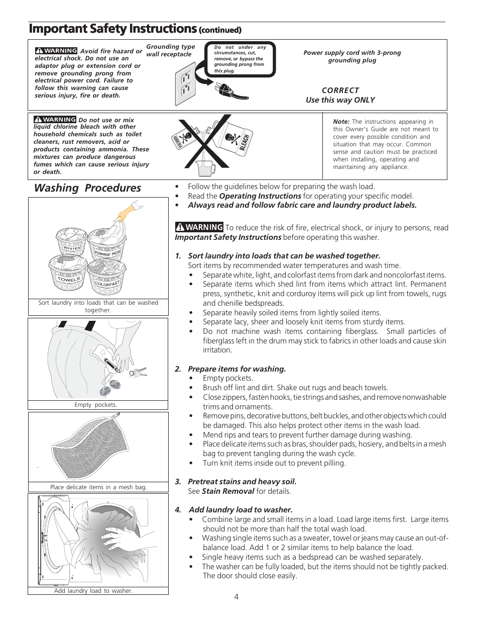 Important safety instructions, Washing procedures | FRIGIDAIRE 134922600 User Manual | Page 4 / 11