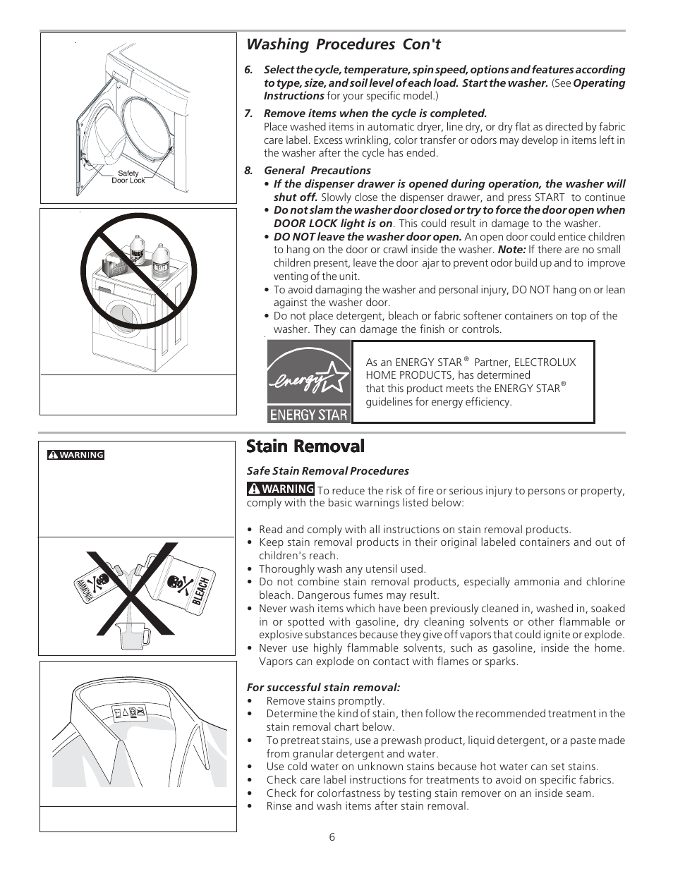 Stain removal, Washing procedures con't | FRIGIDAIRE 134922600 User Manual | Page 6 / 11