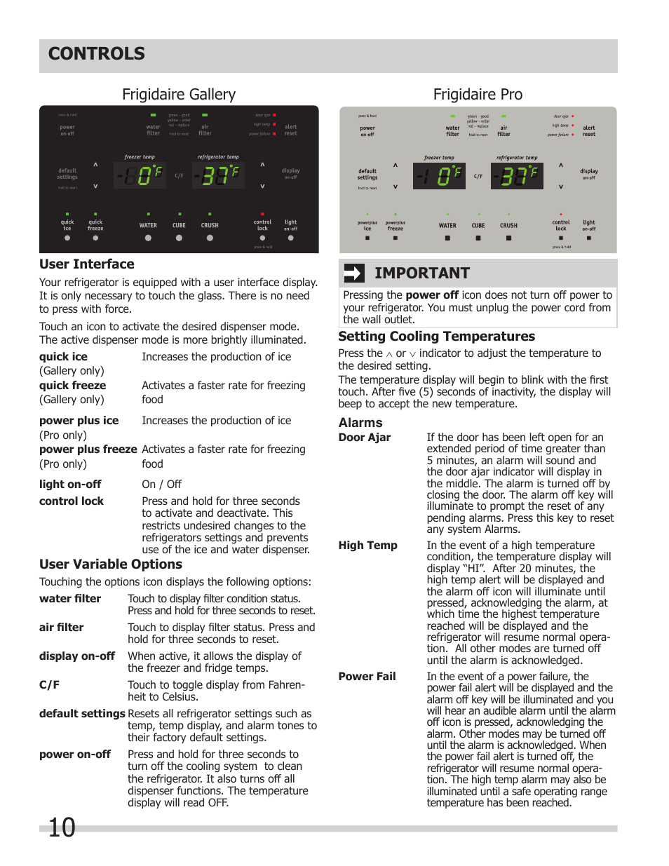 Controls, Frigidaire gallery frigidaire pro, Important | FRIGIDAIRE 242108500 User Manual | Page 10 / 21