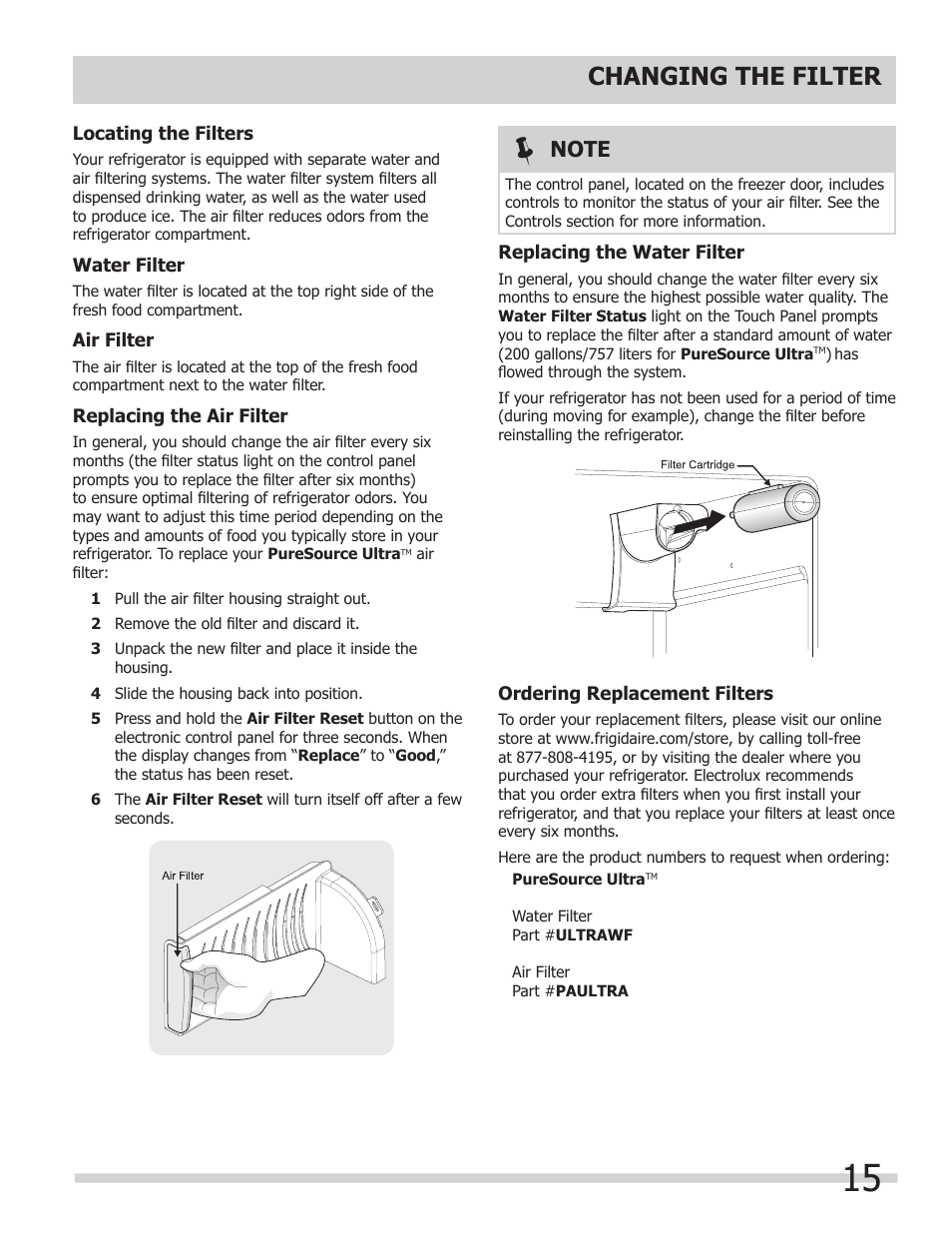 Changing the filter | FRIGIDAIRE 242108500 User Manual | Page 15 / 21