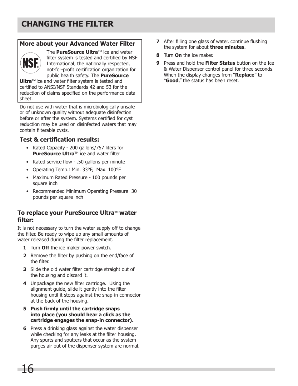 Changing the filter | FRIGIDAIRE 242108500 User Manual | Page 16 / 21