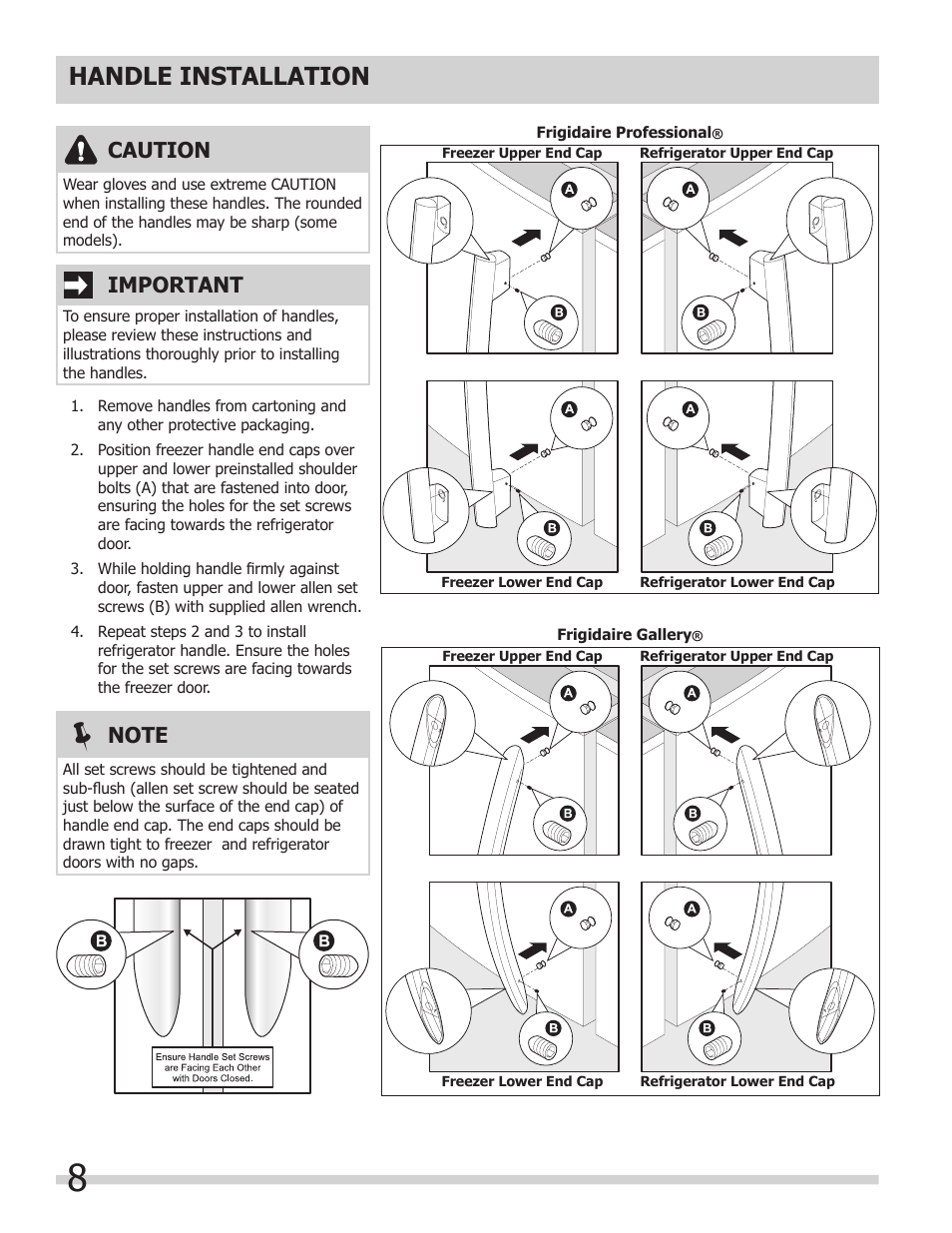 Handle installation, Important, Caution | FRIGIDAIRE 242108500 User Manual | Page 8 / 21
