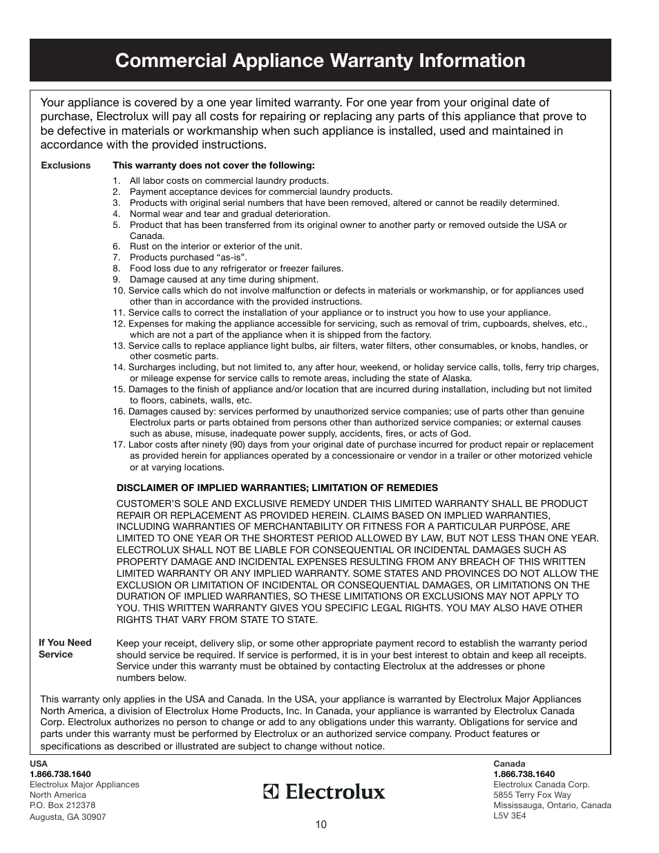 Commercial appliance warranty information | FRIGIDAIRE 297068500 User Manual | Page 10 / 11