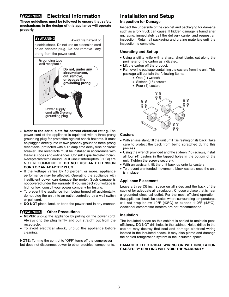 Electrical information, Installation and setup | FRIGIDAIRE 297068500 User Manual | Page 3 / 11