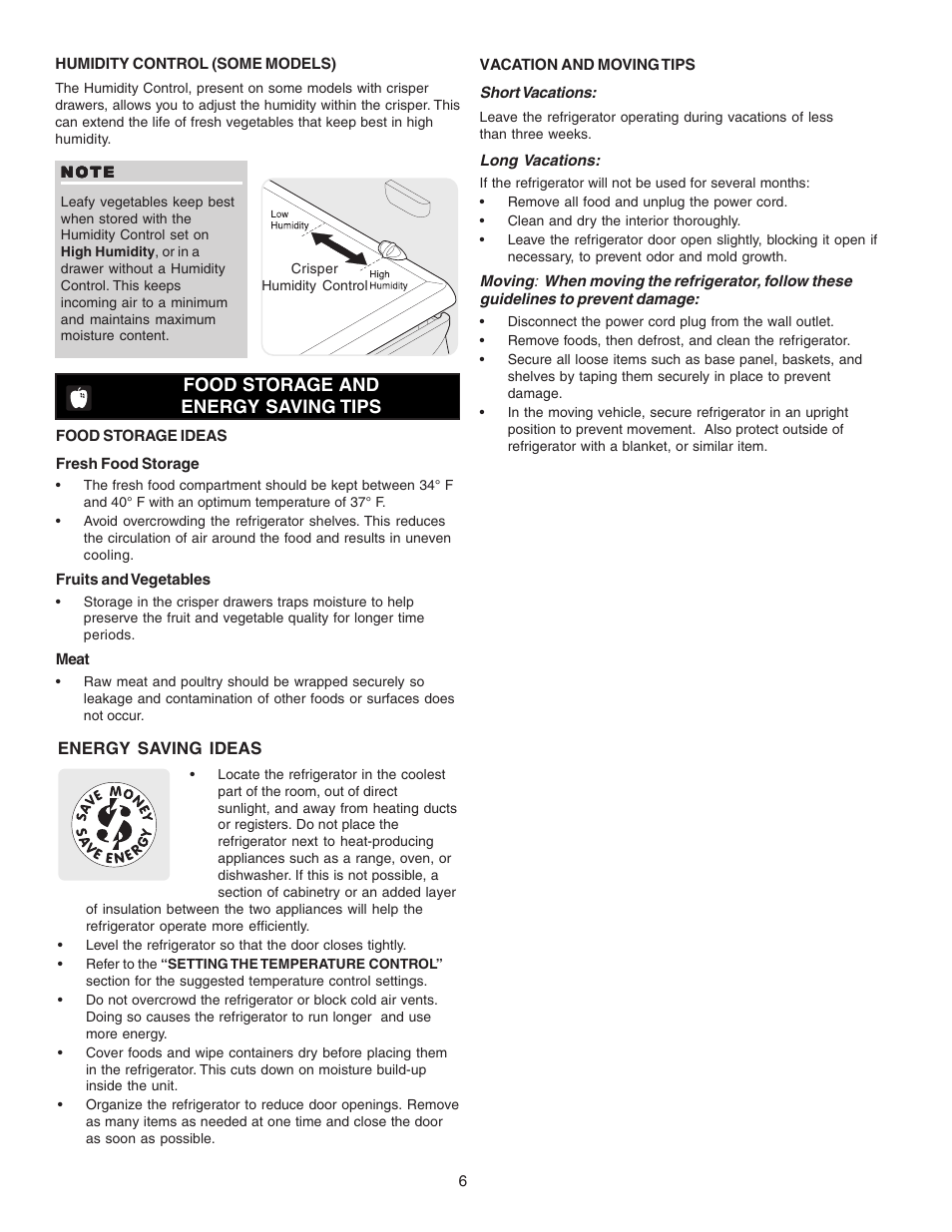 Food storage and energy saving tips | FRIGIDAIRE 297081600 User Manual | Page 6 / 10