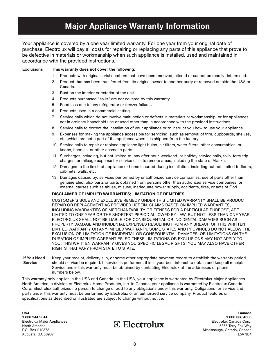 Major appliance warranty information | FRIGIDAIRE 297081600 User Manual | Page 8 / 10