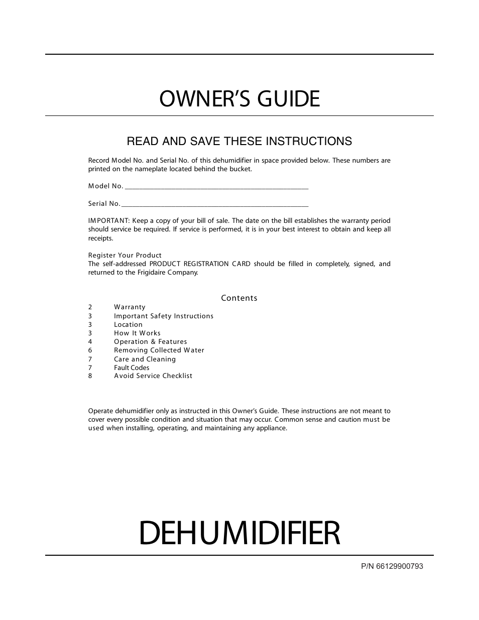 FRIGIDAIRE 66129900793 User Manual | 8 pages