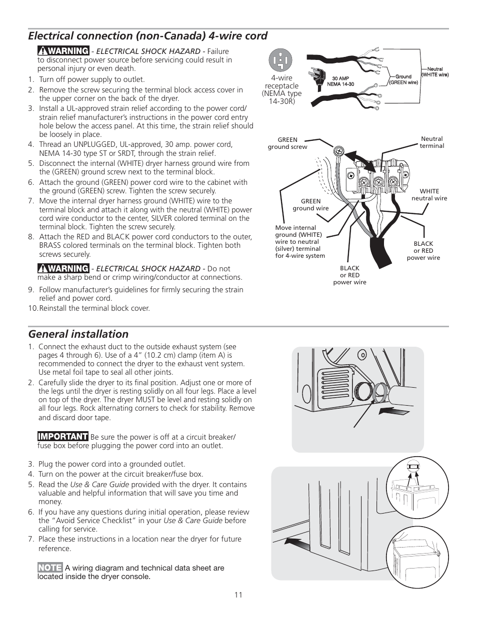 Electrical connection (non-canada) 4-wire cord, General installation | FRIGIDAIRE 137153400A User Manual | Page 11 / 24