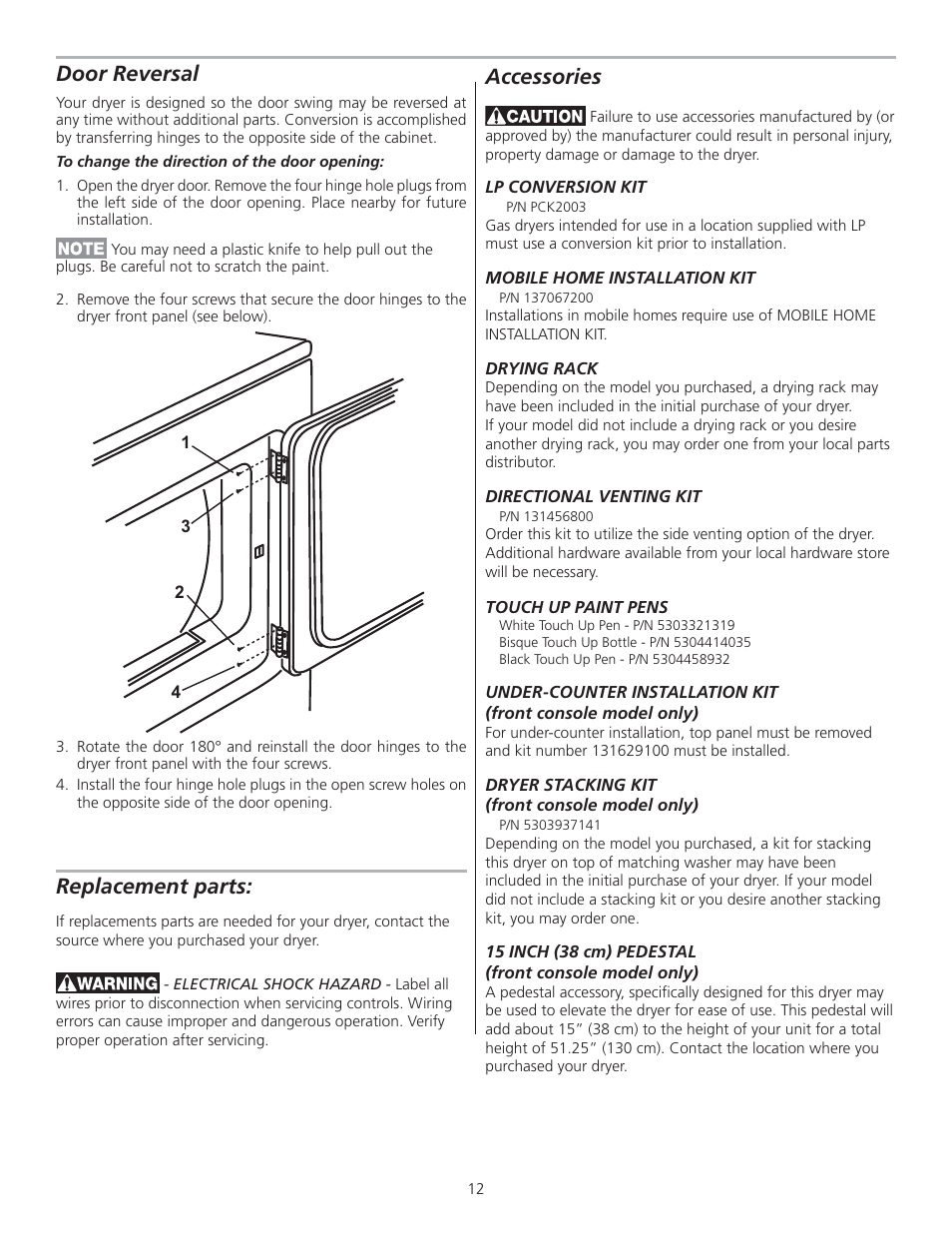 Door reversal, Accessories, Replacement parts | FRIGIDAIRE 137153400A User Manual | Page 12 / 24