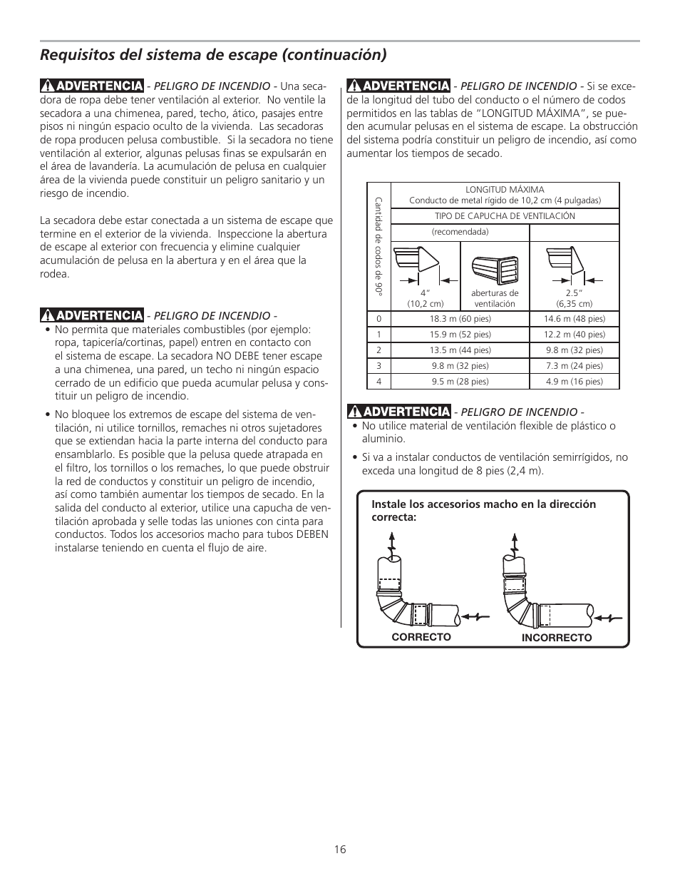 Requisitos del sistema de escape (continuación) | FRIGIDAIRE 137153400A User Manual | Page 16 / 24