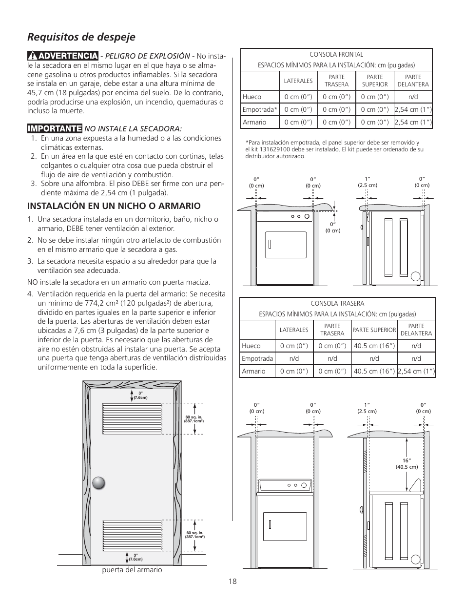 Requisitos de despeje, Instalación en un nicho o armario | FRIGIDAIRE 137153400A User Manual | Page 18 / 24