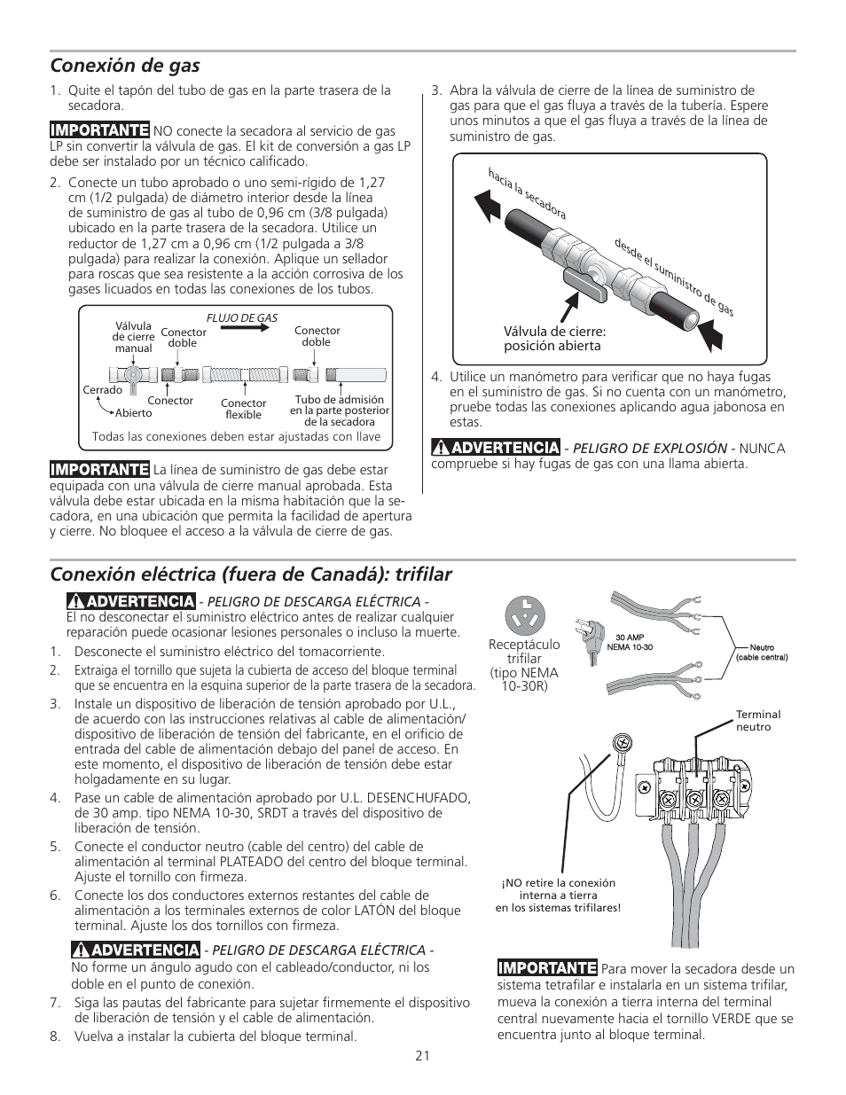 Conexión de gas, Conexión eléctrica (fuera de canadá): trifi lar | FRIGIDAIRE 137153400A User Manual | Page 21 / 24