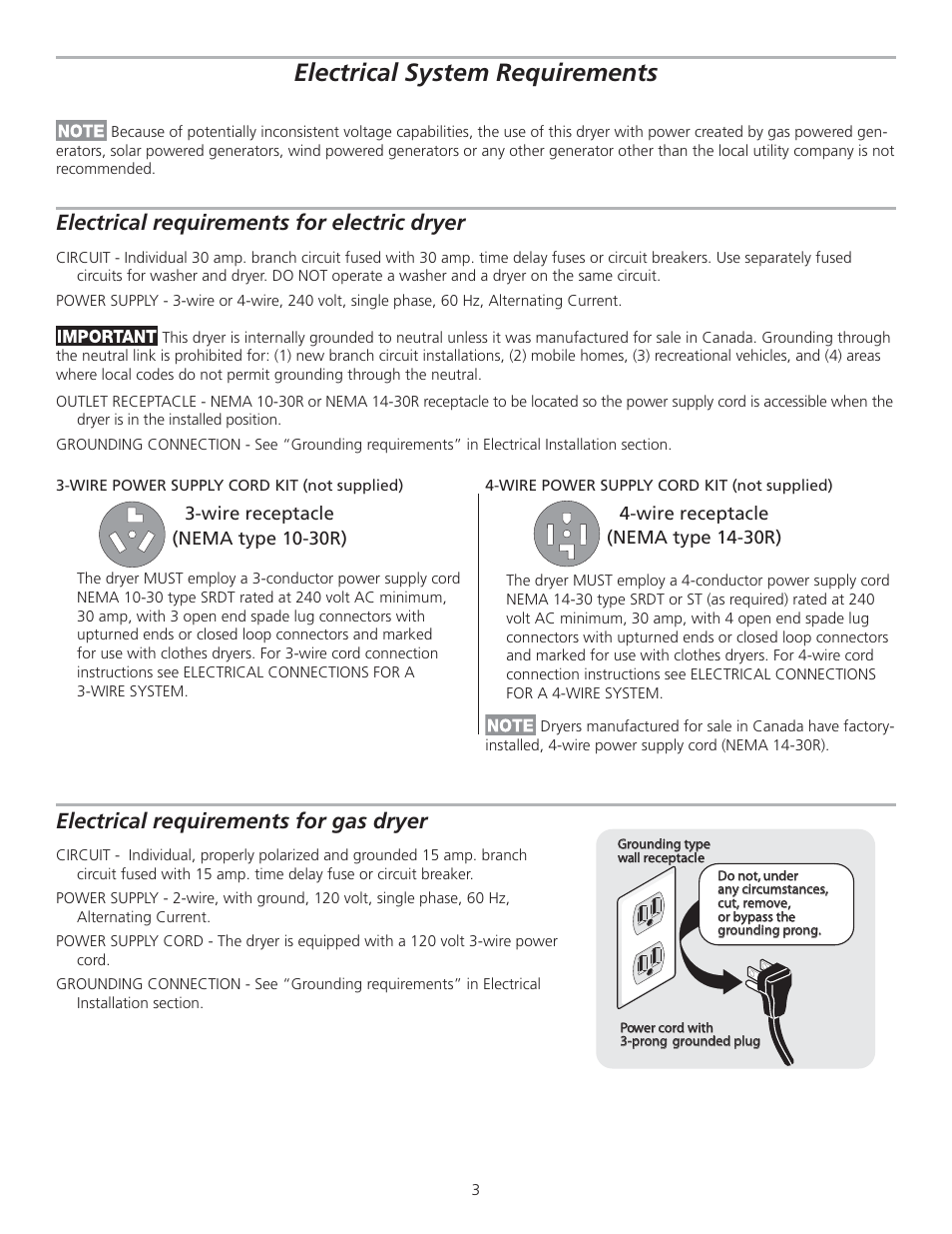 Electrical system requirements, Electrical requirements for electric dryer, Electrical requirements for gas dryer | FRIGIDAIRE 137153400A User Manual | Page 3 / 24