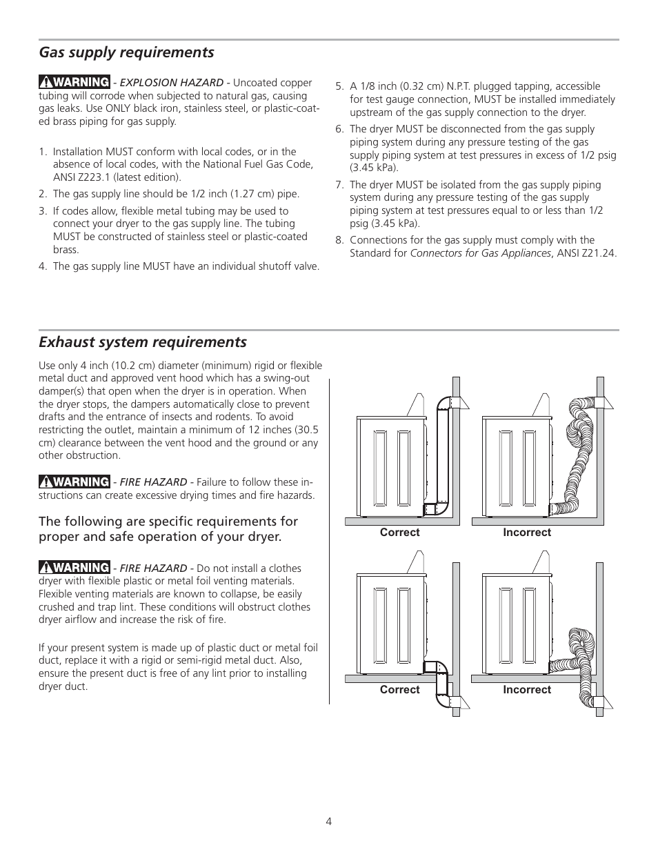 Exhaust system requirements, Gas supply requirements | FRIGIDAIRE 137153400A User Manual | Page 4 / 24